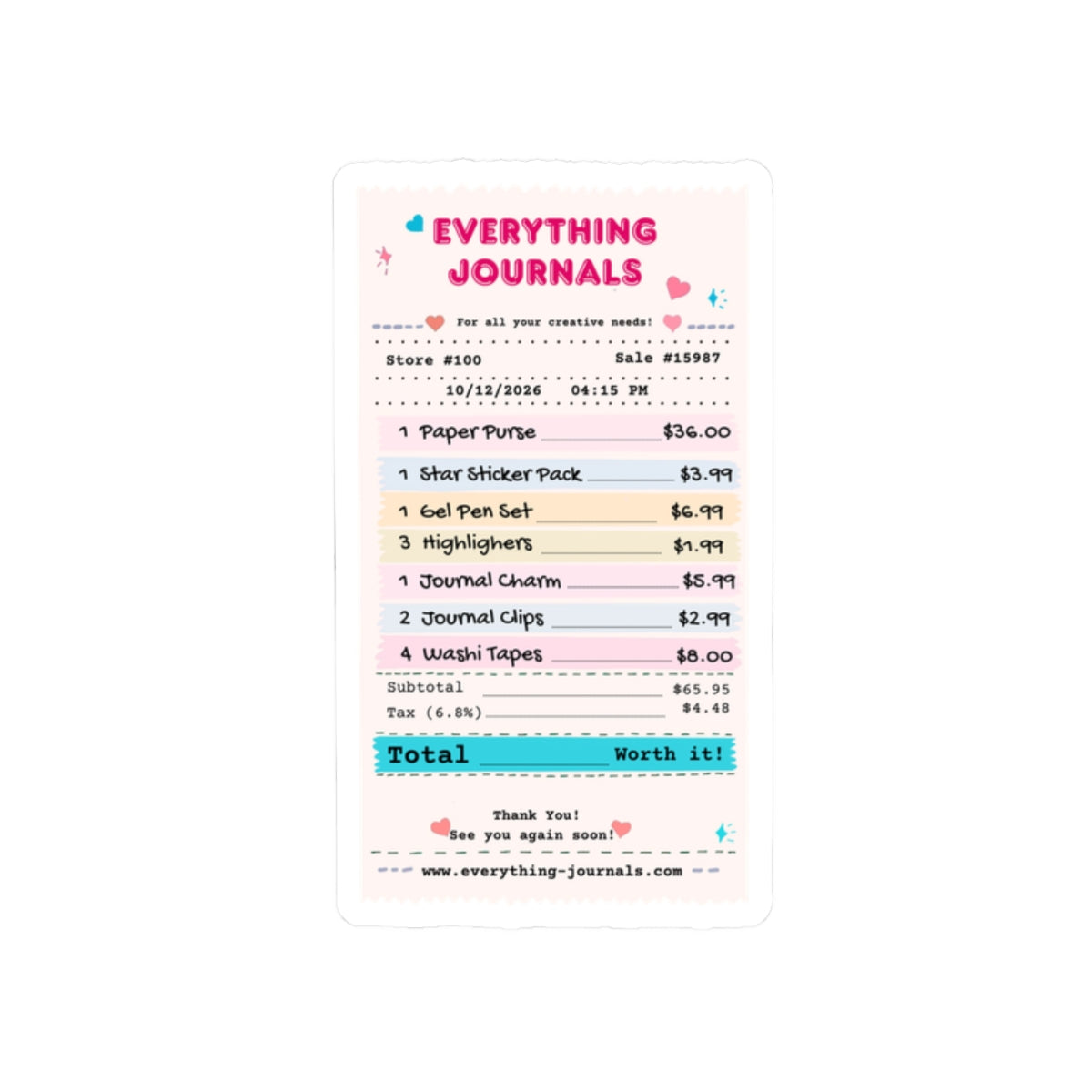 Everything Journals Receipt – Kiss-Cut Vinyl Sticker