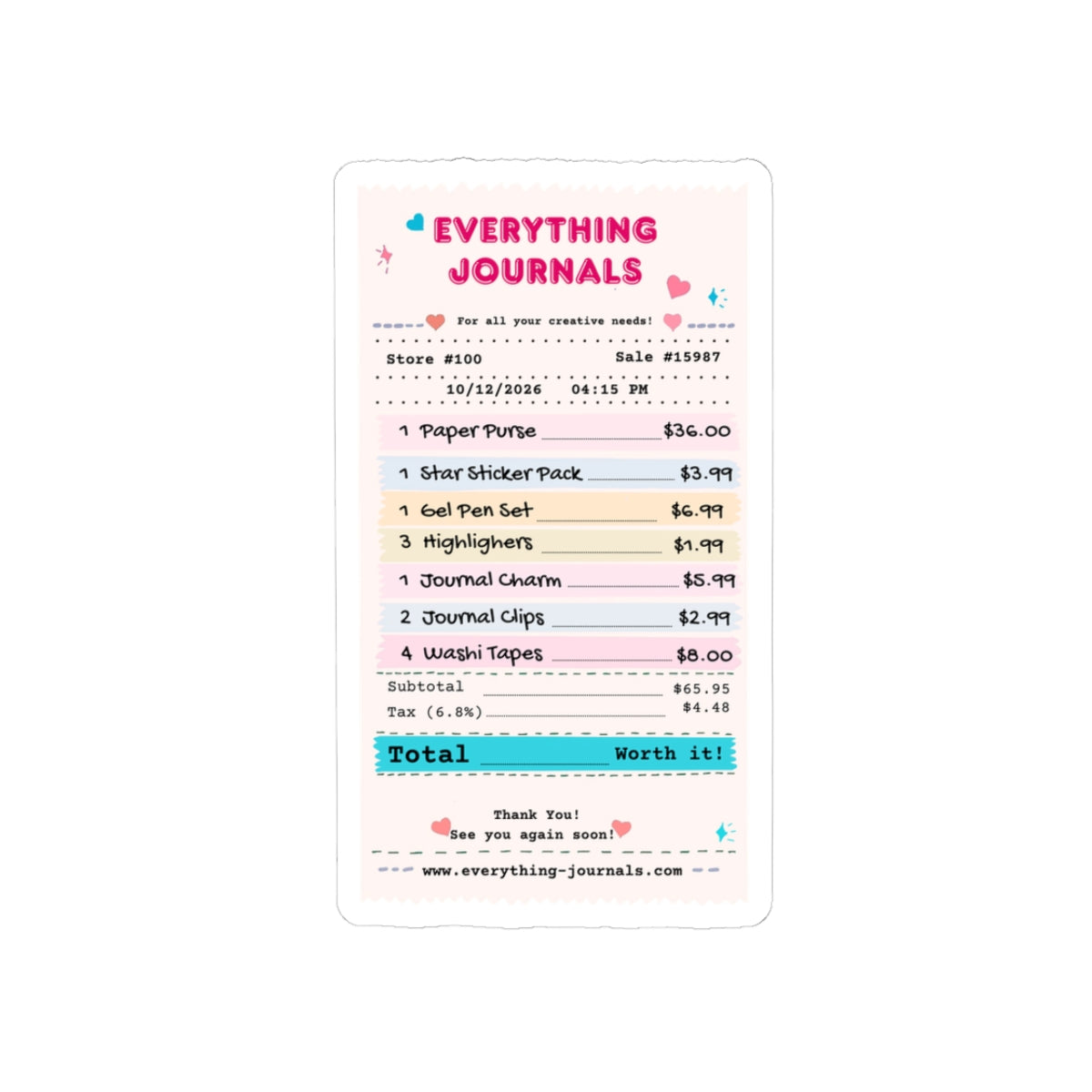 Everything Journals Receipt – Kiss-Cut Vinyl Sticker